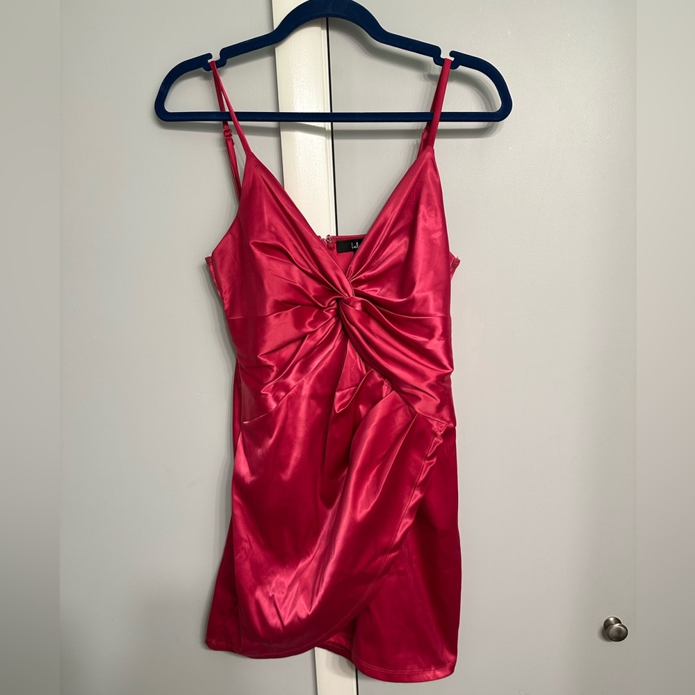 Lulus Hot Pink Satin Mini Dress Twist Front Draped Bodycon Party Dress Size L